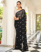Black Georgette Saree with Embroidered Printed Net Blouse, Art Silk material, slight color variation may occur, free size, India origin