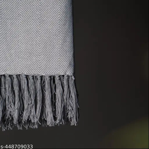 Grey herringbone cotton throw with floral border, reversible design, elegant home decor accessory