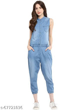 Blue denim sleeveless jumpsuit with mandarin collar - StyleStone Women's solid design