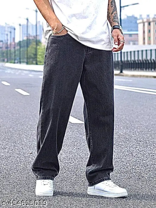 Cotton loose fit baggy jeans, solid-colored style for casual wear in sizes 28, 34, and 36