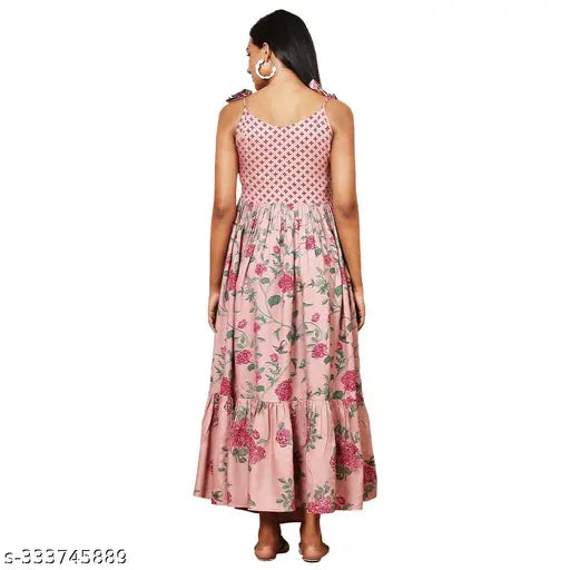 Rayon sleeveless printed anarkali kurti for women's ethnic wear, trendy style with shoulder strap and knot details