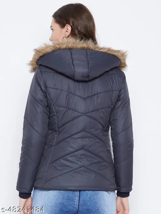 Navy polyester parka jacket, Vero Amore women's winter wear with detachable faux fur hood, solid design, long sleeves, quilted with high-quality polyfill fiber, features 3 pockets