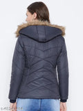 Navy polyester parka jacket, Vero Amore women's winter wear with detachable faux fur hood, solid design, long sleeves, quilted with high-quality polyfill fiber, features 3 pockets