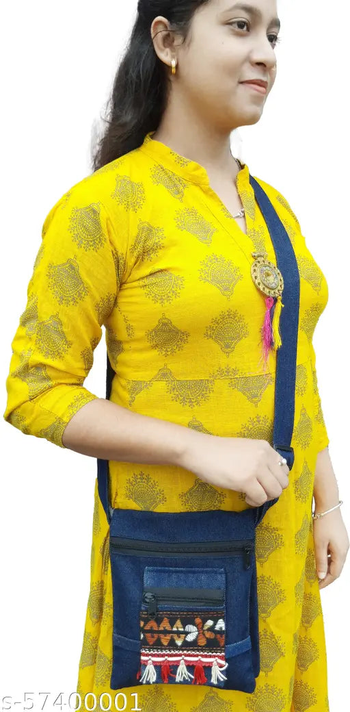 Denim two-fold sling messenger bag, essential item carrier for women and girls (85L x 7W), featuring embroidered patchwork and multiple compartments