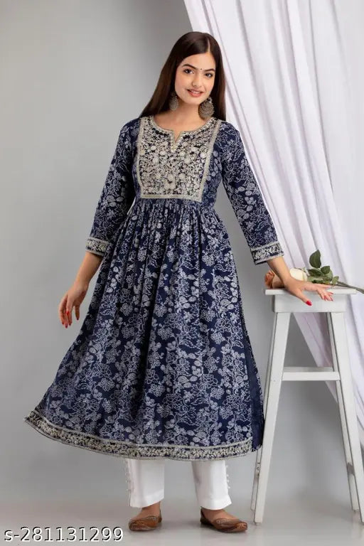 Blue rayon embroidered kurta with cotton pants, intricate naira cut design, ethnic wear for women