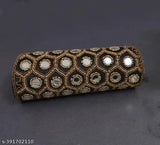 Black Embroidered Net Clutch with Round Mirror (Fabric, 3 Compartments, Free Size: 24in x 7in) - Elegant Women's Handbag from India