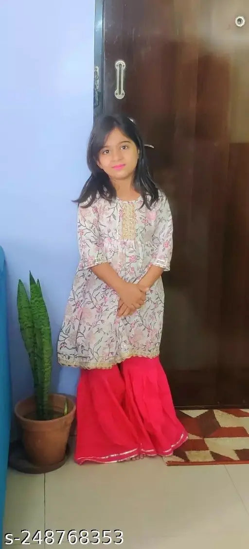 Cotton Nusrat Kurti-Sharara set with printed design and three-quarter sleeves, India-made children's clothing for ages 12-24 months