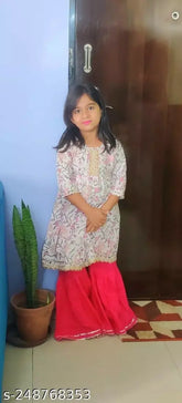 Cotton anarkali Nusrat kurti & sharara set, printed with vibrant contrast colors & Gota lace. Indian traditional wear for toddlers aged 12-24 months