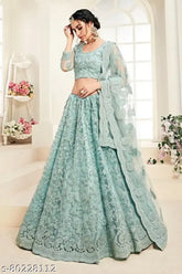 Trendy silk-blend embroidered lehenga set with net dupatta, semi-stitched and free size, originating from India