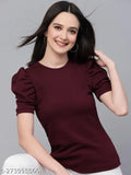Maroon poly knit smart casual top, solid pattern, short sleeves, high neckline, India