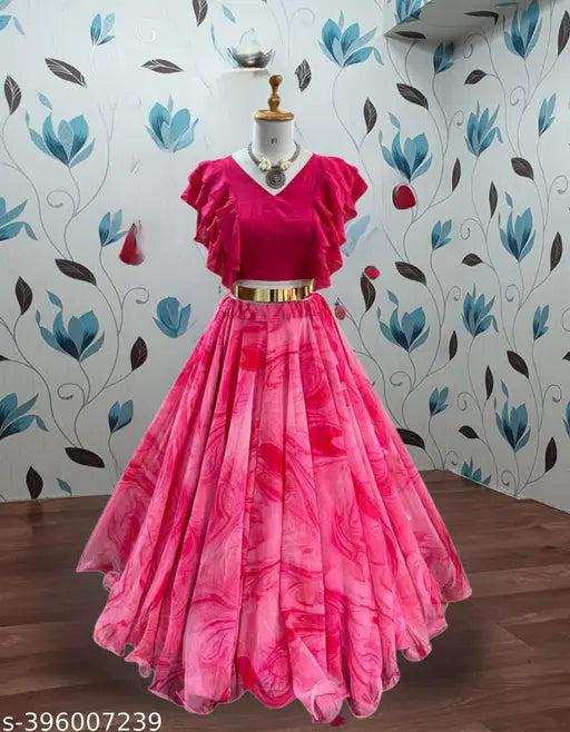 Georgette Trendy Top & Bottom (3-4yrs - 7-8yrs), fully stitched with digital flower print, self-design top and printed net bottom