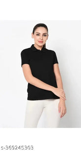 Black cotton-blend women's polo neck t-shirt, short sleeves, solid design, size S (17in bust, 25in length)