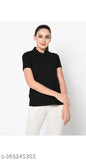 Black cotton-blend women's polo neck t-shirt, short sleeves, solid design, size S (17in bust, 25in length)