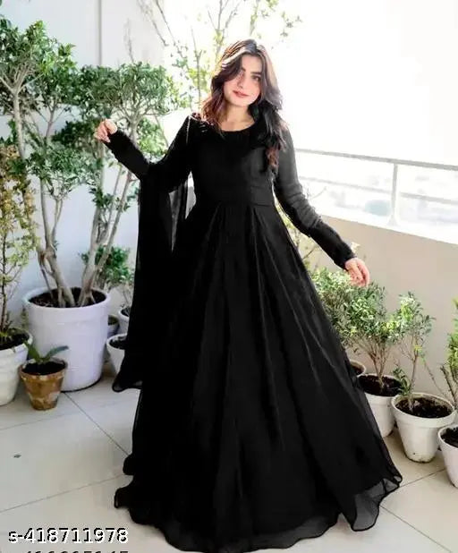 Black georgette trendy evening gown set for women, solid color, long sleeves, various sizes available (S-XXL)