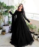 Black georgette trendy evening gown set for women, solid color, long sleeves, various sizes available (S-XXL)