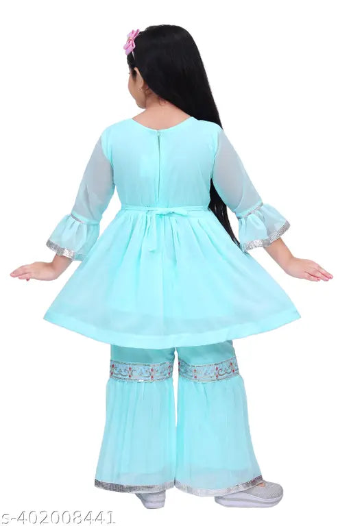 Embroidered festive chiffon palazzo ensemble for girls, featuring silver accents and delicate embroidery. Anarkali top with three-quarter sleeves and knee length." (123 characters)