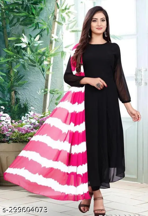 Georgette, long-sleeved solid gown for women and girls (S-XXXL), India-origin evening or formal wear with dupatta, perfect for parties or special events