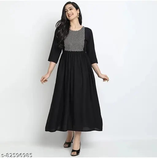 Rayon embroidered kurti with frock pattern, three-quarter sleeves, Indian fashion apparel