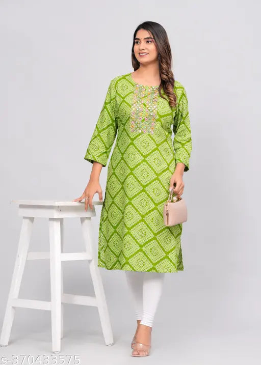 Green rayon embroidered Bandhni Styles kurti with three-quarter sleeves, Indian multi-colored applique on self-designed women's fashion