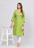Green rayon embroidered Bandhni Styles kurti with three-quarter sleeves, Indian multi-colored applique on self-designed women's fashion