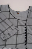 Grey rayon Anarkali kurta with checks print and three-quarter sleeves, ideal for office party wear or casual events. Rayon fabric, frill sleeves, and calf-length construction. Style it with choker, statement earrings, and bangles