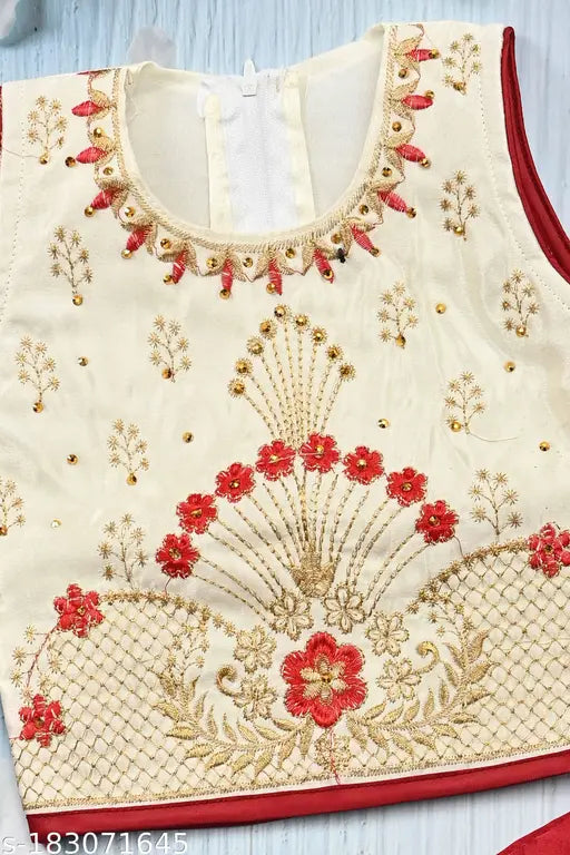 Red art silk party choli with net dupatta, embellished for toddler (1-2 years, waist size 21in), handcrafted Indian lehenga