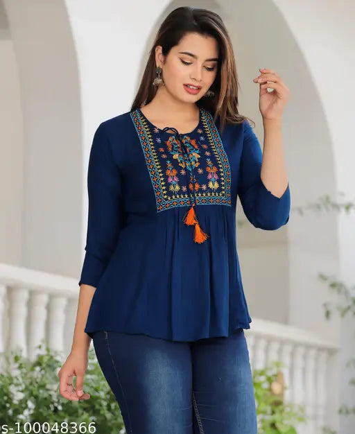 Blue cotton three-quarter sleeve embroidered topper for women & girls - India's finest quality apparel