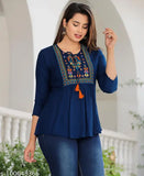 Blue cotton three-quarter sleeve embroidered topper for women & girls - India's finest quality apparel