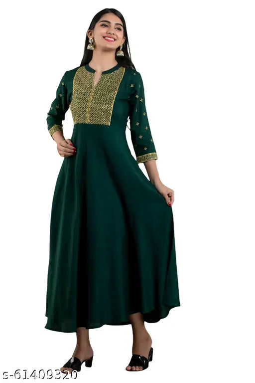 Green rayon embroidered Anarkali gown kurti kurtis, trendy three-quarter sleeve outfit for women, accessorized for high fashion events, made in India (S: 38", M: 40", L/XL: 42")