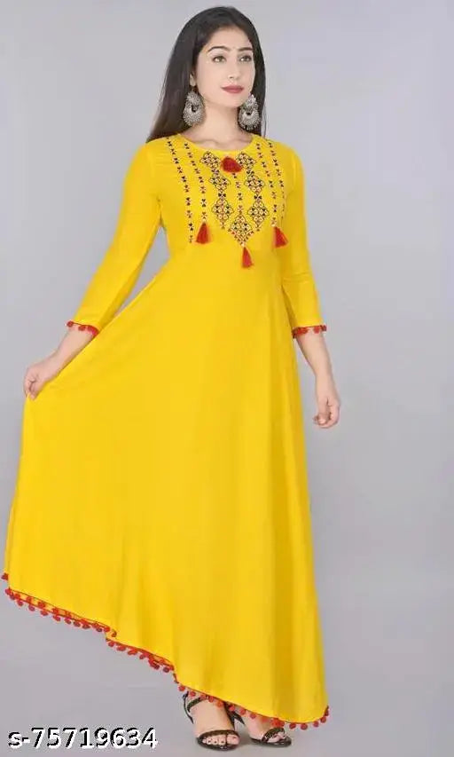 Rayon embroidered kurti with three-quarter sleeves, Indian fashion for women, available in sizes S to XXXL