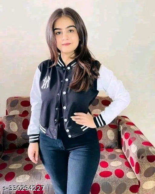 Navyblue wool Kids Girl Full Sleeve Solid NY Jacket, colorblocked print on long sleeves - FUNFINE COLLECTION INDIA