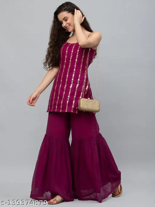 Georgette stitched kurta with sharara, embellished net, Indian women's fashion, sleeveless, sequin work
