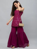 Georgette stitched kurta with sharara, embellished net, Indian women's fashion, sleeveless, sequin work