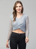 Long-sleeved polyester embellished net tinsel bling top for women, stylish and stretchable, perfect for parties