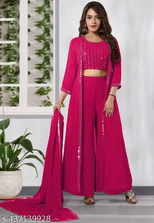 Long-sleeved embroidered top with palazzos and shrug, Indian women's regular wear, XXL (waist 44in, length 43in)