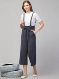Grey polyester dungaree with white t-shirt, women's casual outfit for fashionable everyday wear