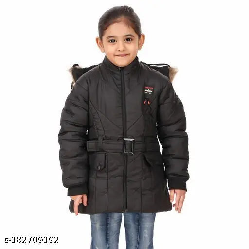 Black printed net polyester jacket coat for girls with hooded clothes, trendy winter wear