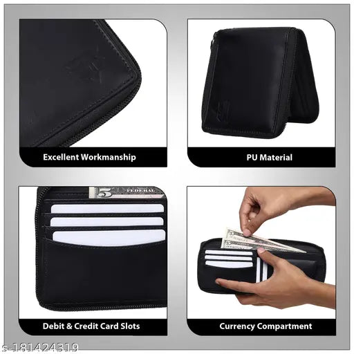 Faux leather BI Men's black blaster round zip wallet, solid design, free size (11cm x 9cm), premium quality accessory