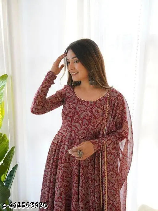 Maroon silk Anarkali gown with dupatta, full sleeve and crepe inner fabric