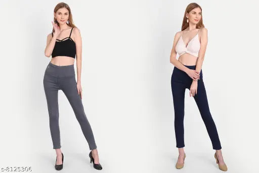 Solid grey-royalblue denim jeggings, stretchable high waist and skinny fit for women. Pack of 2 on display