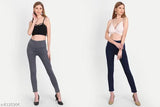 Solid grey-royalblue denim jeggings, stretchable high waist and skinny fit for women. Pack of 2 on display