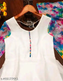 Fancy white Georgette kurti with dupatta, pastel shades, long sleeves. India-made print dress set
