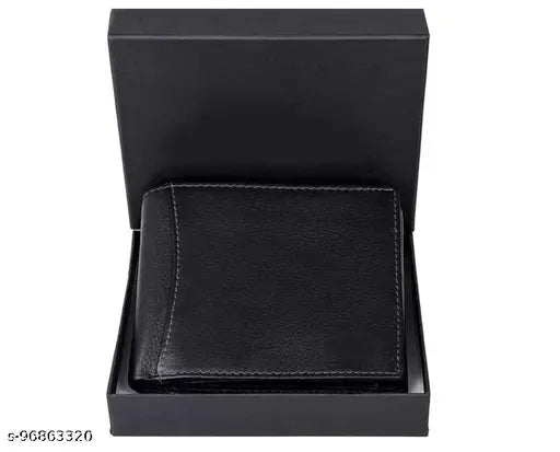 Black faux leather men's wallet, solid pattern, 2 compartments, free size (10cm x 11cm), India origin