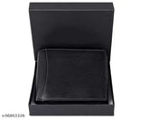 Black faux leather men's wallet, solid pattern, 2 compartments, free size (10cm x 11cm), India origin