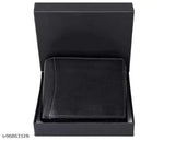 Black faux leather men's wallet, solid pattern, 2 compartments, free size (10cm x 11cm), India origin