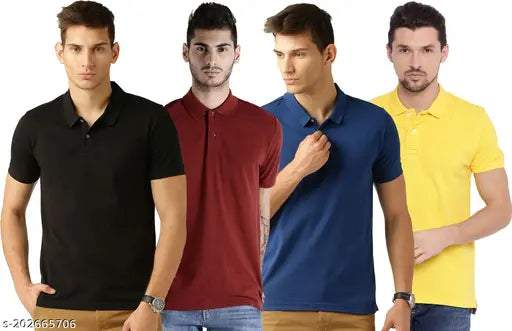 Multicolor regular fit cotton blend men's polo T-shirt, short sleeve, solid pattern, India origin