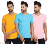 Golden yellow, cyan blue, baby pink men's V-neck cotton T-shirts (pack of 3), made in India for casual and lounge wear