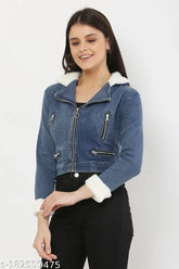 Denim girls' full sleeve casual jacket, solid color for 8-9 years, relaxed fit on hanger