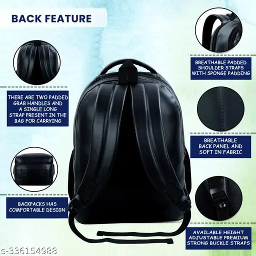 Premium black vegan leather 40L laptop backpack, ideal for men's office and women's school use. Durable water-resistant base with adjustable mesh shoulder straps. Fits 15.6" laptops