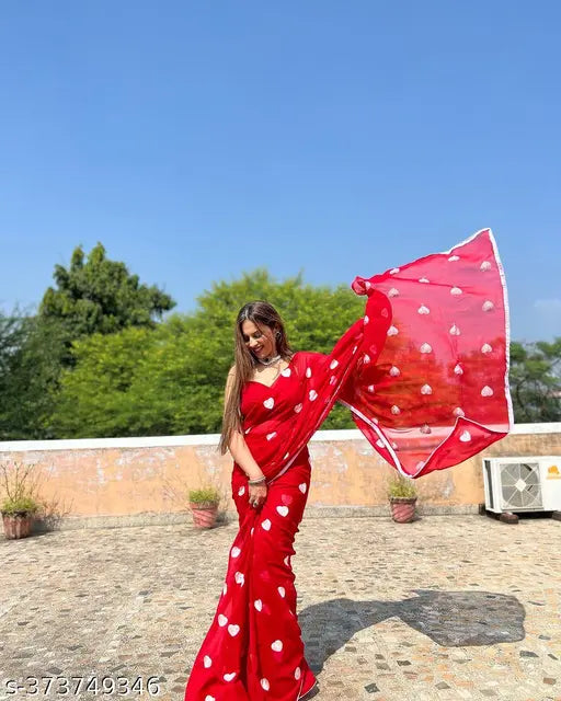 Red heart saree in Georgette fabric, intricate thread Gamthi work and border piping, India origin